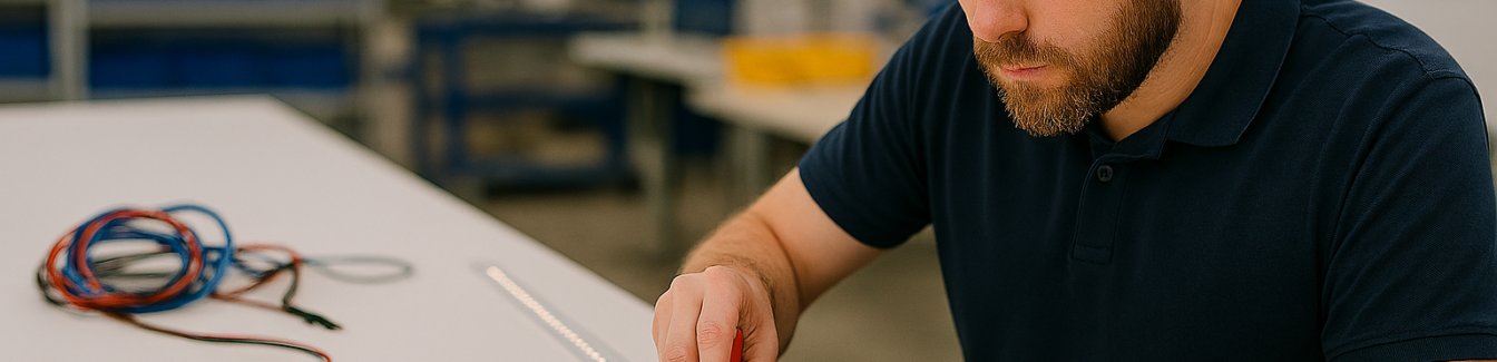 Работник в сглобяването на LED осветление